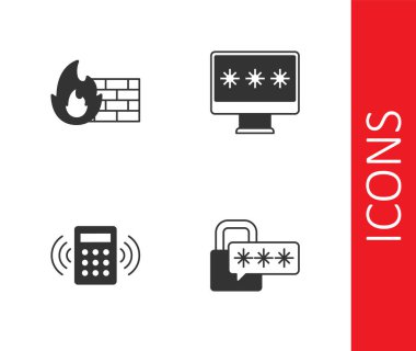 Siber Güvenlik Duvarı Güvenlik tuş takımı erişim panelini ve şifre simgesi ile monitörü ayarla. Vektör.