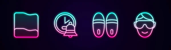 设置线枕头闹钟拖鞋和眼罩 发光的霓虹灯图标 — 图库矢量图片