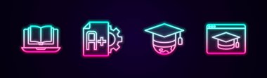 Çevrimiçi Sınav kağıdına A artı dünya ve eğitim alanında mezuniyet notu ekle. Parlayan neon ikonu. Vektör.