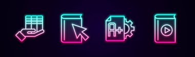 Satır Kitap Bağışı Çevrimiçi Kitap Sınav kağıdını A artı notla ve sesle ayarla. Parlayan neon ikonu. Vektör.