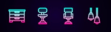 Çekmece sandığı, ofis sandalyesi ve lamba asılması ayarlandı. Parlayan neon ikonu. Vektör.