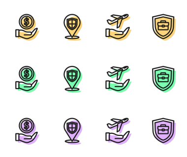 Kalkan Konumu ve Evrak Çantası ikonu ile Uçak 'ı ayarlayın. Vektör.