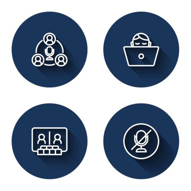 Freelancer Görüntülü Sohbet Konferansı ve Uzun Gölgeli Dilsiz Mikrofon Hattı. Mavi daire düğmesi. Vektör.