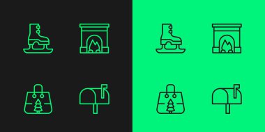 Posta kutusu Noel alışveriş çantası, patenler ve şömine ikonu. Vektör.