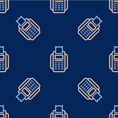 Hat POS terminali, eklenmiş kredi kartı ve yazdırılmış tarifi simgesi mavi arkaplanda izole edilmiş kusursuz desen. NFC ödeme konsepti. Vektör.