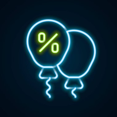 Parlayan neon hattı% indirimli etiket simgesi siyah arkaplanda izole edildi. Etiket alışverişi. Özel teklif işareti. İndirim kuponları sembolü. Renkli taslak konsepti. Vektör.