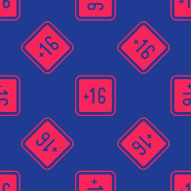 Kırmızı + 16 film ikonu mavi arka planda kusursuz desen izole etti. Yetişkin içeriği. On altı artı ikon. Sansürlü iş konsepti. Vektör.