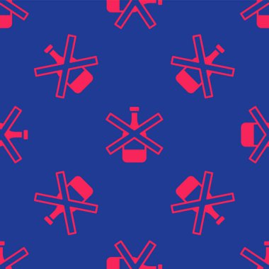 Kırmızı. Alkol ikonu yok. Mavi arka planda kusursuz desen var. Alkol içmeyi yasaklıyorum. Bira şişesi camlı yasak sembol. Vektör.