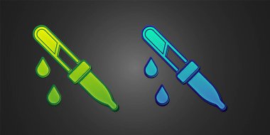 Siyah arkaplanda yeşil ve mavi Pipette simgesi var. Tıbbi elementler, kimya laboratuarı ekipmanları. Tıp sembolü. Vektör.