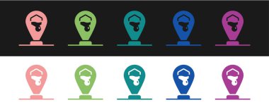 Bal arısı konumu haritası iğne işaretleyici simgesini siyah ve beyaz arkaplanda izole et. Çiftlik hayvanı haritası işaretçisi. Vektör.