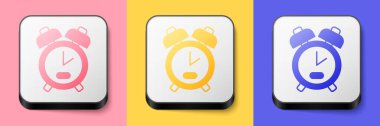 Isometric Alarm clock icon isolated on pink, yellow and blue background. Wake up, get up concept. Time sign. Square button. Vector.