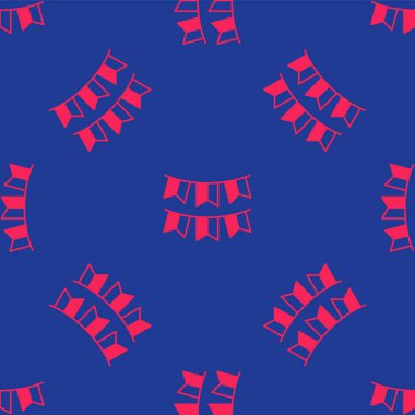 Kırmızı Karnaval çelengi mavi arka planda izole edilmiş bayrak ikonu. Doğum günü kutlaması için parti flamaları, festival dekorasyonu. Vektör.