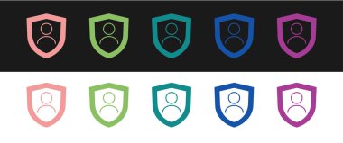 Siyah beyaz arka planda izole edilmiş bir kalkan simgesi ile Hayat Sigortası belirleyin. Güvenlik, güvenlik, koruma, konsept koruma. Vektör.