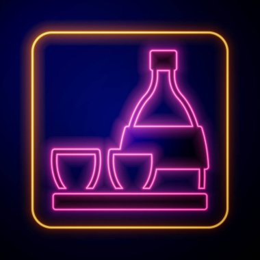 Parlayan neon lambalı sake şişesi, siyah arka planda izole edilmiş küçük sake ikonu. Vektör.