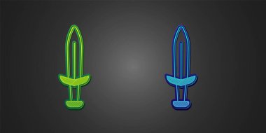 Green and blue Medieval sword icon isolated on black background. Medieval weapon. Vector.