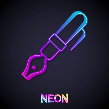 Parlayan neon hattı Çeşme ucu simgesi siyah arkaplanda izole edildi. Kalem aleti işareti. Vektör.