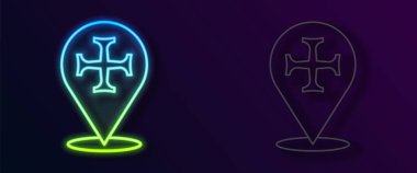 Parlayan neon hattı Haçlı Seferi simgesi siyah arka planda izole edildi. Vektör.