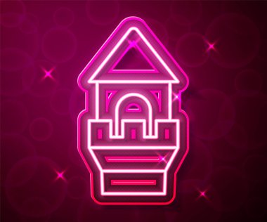 Parlayan neon hattı Castle kulesi simgesi kırmızı arkaplanda izole edildi. Kale işareti. Vektör.