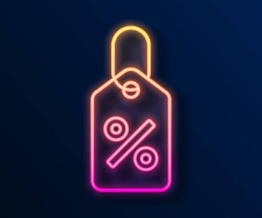 Parlayan neon hattı% indirimli etiket simgesi siyah arkaplanda izole edildi. Etiket alışverişi. Özel teklif işareti. İndirim kuponları sembolü. Vektör.