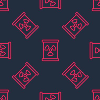 Red line Radioactive waste in barrel icon isolated seamless pattern on black background. Toxic refuse keg. Radioactive garbage emissions, environmental pollution. Vector.