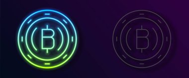 Parlayan neon hattı Kripto para birimi simgesi Bitcoin siyah arka planda izole edildi. Madeni para. Engelleme zinciri tabanlı şifreli para birimi. Vektör.