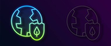 Siyah arkaplanda izole edilmiş kalkan ikonu ile parlayan neon hattı Dünya. Sigorta konsepti. Güvenlik, güvenlik, koruma, gizlilik kavramı. Vektör.