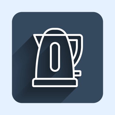 White line Electric kettle icon isolated with long shadow background. Teapot icon. Blue square button. Vector.