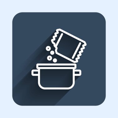 Beyaz çizgi tencere ve baharat ikonu uzun gölge arkaplan izole. Haşlama ya da güveç besin sembolü. Mavi kare düğme. Vektör.