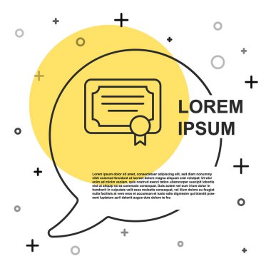 Beyaz arkaplanda siyah çizgi sertifika şablon simgesi izole edildi. Başarı, ödül, diploma, burs, diploma kavramları. Rastgele dinamik şekiller. Vektör.