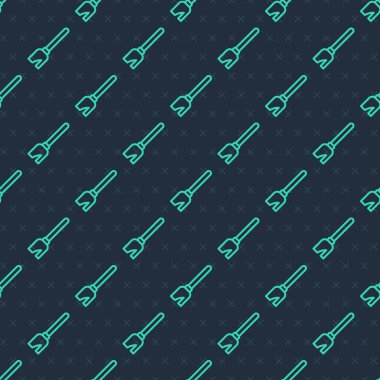 Yeşil çizgi cadıları süpürge ikonu mavi arka planda izole edilmiş kusursuz desen. Mutlu Cadılar Bayramı Partisi. Vektör.