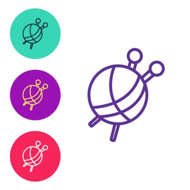 Beyaz arkaplanda izole edilmiş örgü iğneleri simgesiyle çizgi ipliği topu oluşturun. El yapımı, örgü ya da terzi için etiket. Simgeleri renklendirin. Vektör.