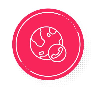 Beyaz çizgi görüntülü sohbet konferansı simgesi beyaz arkaplanda izole edildi. Çevrimiçi iş görüşmesi formu. Uzak proje yönetimi. Kırmızı daire düğmesi. Vektör.