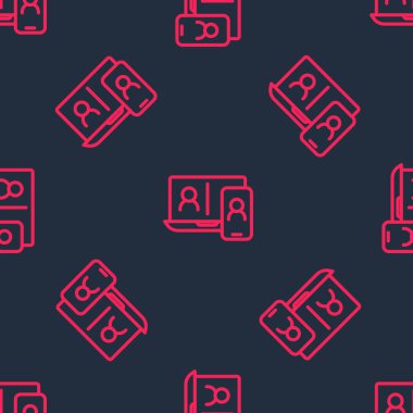 Kırmızı çizgi görüntülü sohbet konferans simgesi siyah arkaplanda izole edilmiş kusursuz desen. Çevrimiçi iş görüşmesi formu. Uzak proje yönetimi. Vektör.