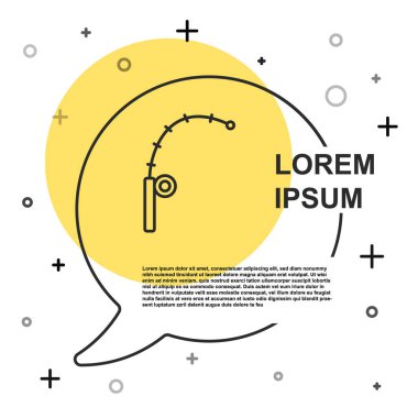 Beyaz arkaplanda siyah çizgili olta simgesi izole edildi. Büyük bir balık yakala. Balıkçılık ekipmanları ve balık çiftliği konuları. Rastgele dinamik şekiller. Vektör.
