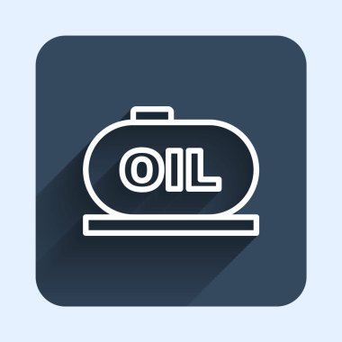 Beyaz çizgi petrol depolama ikonu uzun gölge arkaplan izole. Petrol ve gaz endüstrisi için gemi deposu. Petrol tankı teknoloji istasyonu. Mavi kare düğme. Vektör.