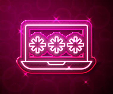 Kırmızı arkaplanda parola bildirim simgesiyle parlayan neon hattı dizüstü bilgisayarı. Güvenlik, kişisel erişim, kullanıcı yetkisi, giriş formu. Vektör.