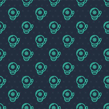 Yeşil çizgi alarm simgesini çalıyordu. Mavi arkaplanda izole edilmiş pürüzsüz desen vardı. Yangın alarmı. Servis zili, el zili işareti, uyarı sembolü. Vektör.