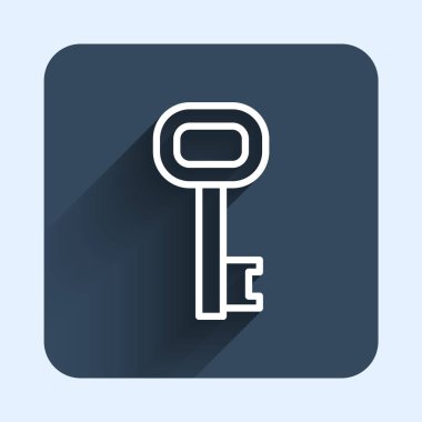 Beyaz çizgi Eski anahtar simgesi uzun gölge arkaplan izole. Mavi kare düğme. Vektör.