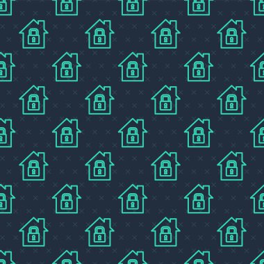 Yeşil Hat Evi koruma ikonu altında mavi arka planda izole edilmiş pürüzsüz desen. Eve git ve kilitle. Koruma, güvenlik, güvenlik, koruma, savunma konsepti. Vektör.