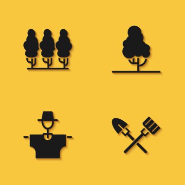 Meyve ağaçlarını dik, uzun gölgeli Korkuluk ve ikonu tırmıkla. Vektör.