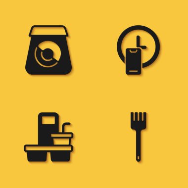 Çevrimiçi yemek siparişi ver. Fork Kahve fincanı git ve uzun gölgeli saat teslimat ikonu getir. Vektör.