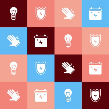 Pop Art Creative Lamba Fikri 'ni, Lightning' i, kalkan elektrikli eldiveni ve araba aküsü ikonunu ayarla. Vektör.