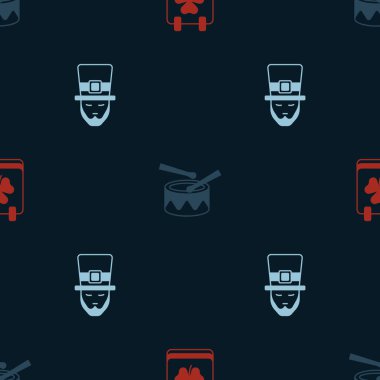 Aziz Patricks gününü trampet sopaları ve leprikonla kusursuz bir şablona ayarla. Vektör.