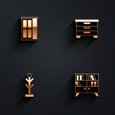 Gardırop 'un Çekmeceler Sandığı' nı ve Kütüphane kitaplığı simgesini uzun gölgeli olarak ayarla. Vektör.