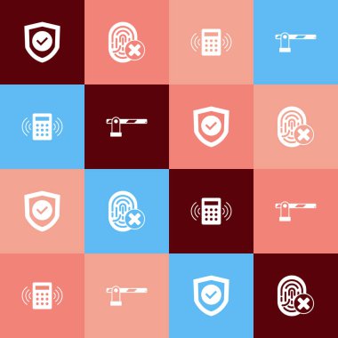 Pop sanat kalkanını işaretlenmiş parmak izi güvenlik tuş takımı erişim paneli ve park yeri bariyeri simgesi ile ayarla. Vektör.