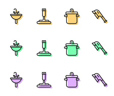 Pencere ve fırça temizleme ikonu için yemek pişirme kabı temizleyicisi ayarla. Vektör.