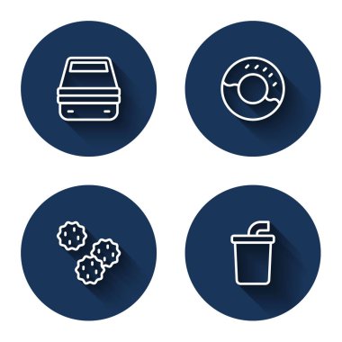 Beslenme çantalı çörek ya da bisküvi ve uzun gölgeli su dolu kağıt bardak. Mavi daire düğmesi. Vektör.