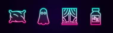 Yastık Hayaleti Penceresi 'ne perde ve uyku hapı koyun. Parlayan neon ikonu. Vektör.