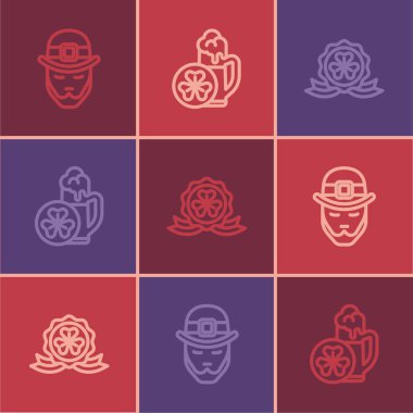 Cüce madalyasını yonca ve bir bardak bira ikonu ile ayarla. Vektör.