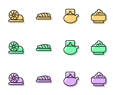 Geleneksel çay seremonisi Xiao long bao Fish bifteği ve kase ikonunda pilav. Vektör.